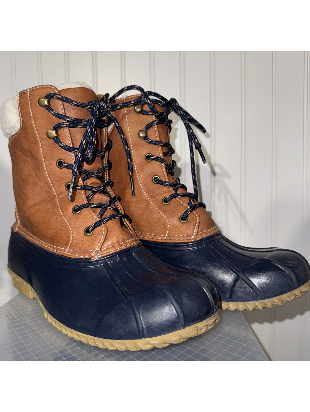 Rampage Womens Deerie Duck Boots Synthetic Size 7 Brown Navy Winter Rain Snow